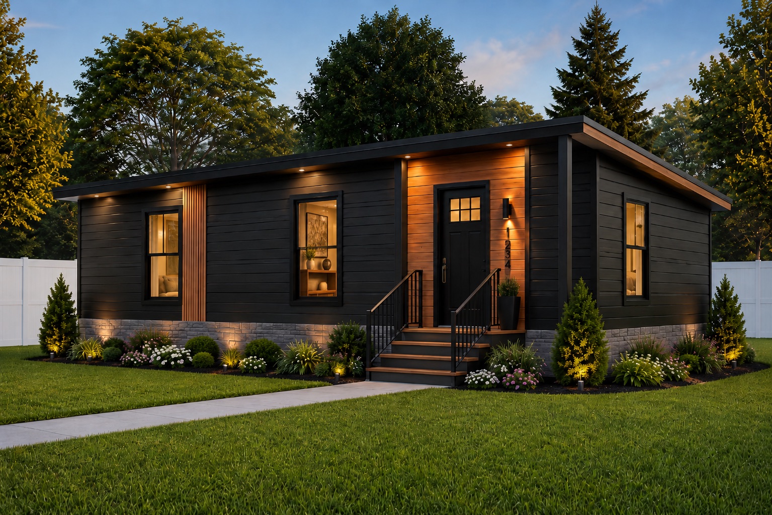 The Helens — 15×44 prefab DADU, dusk exterior
