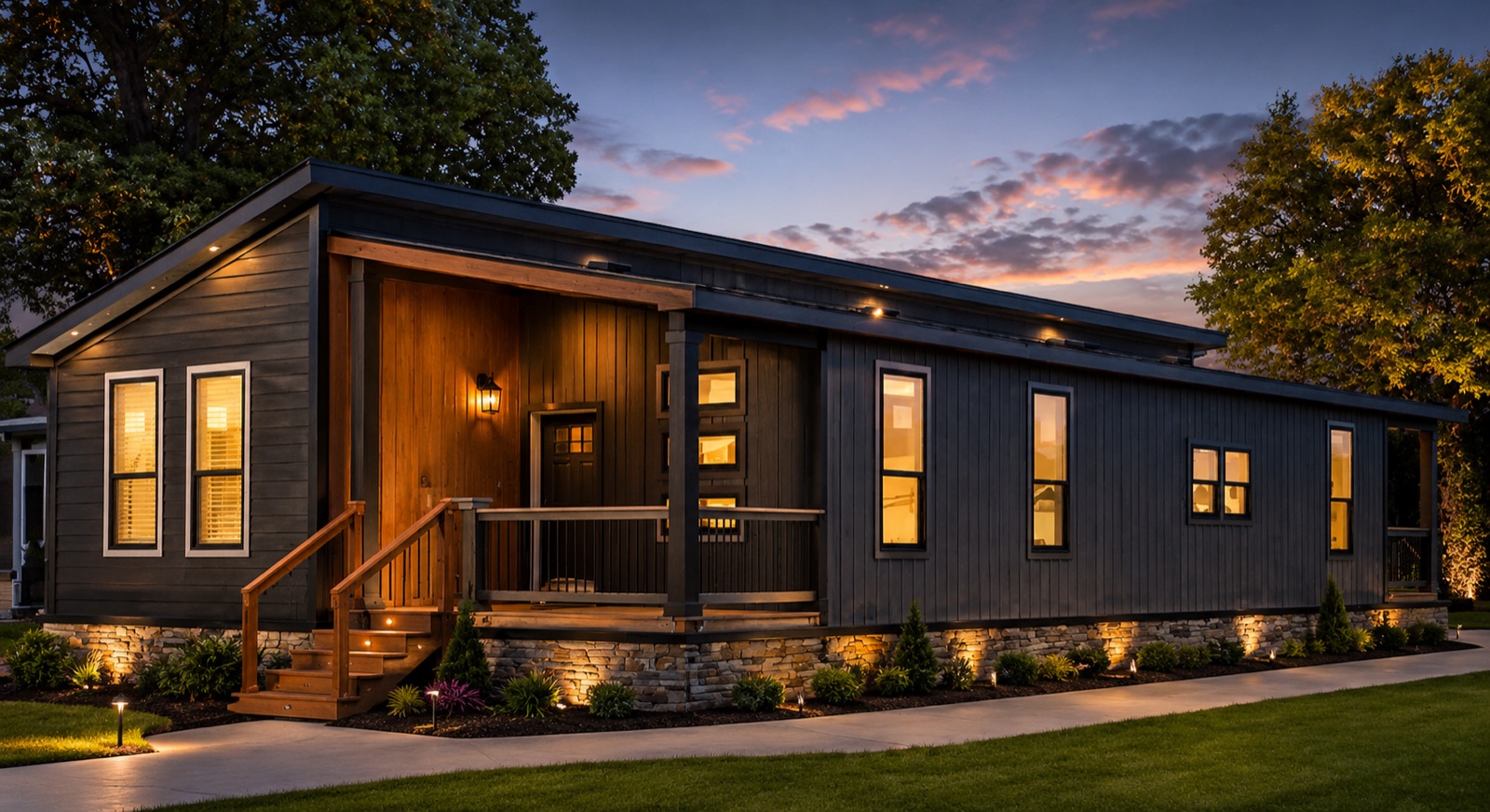 The Rainier — prefab DADU, dusk exterior